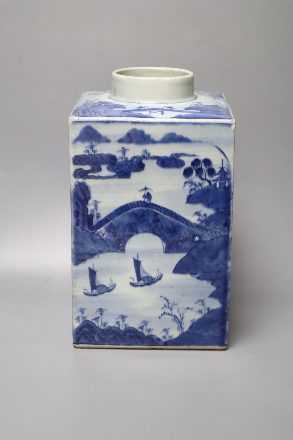 A 19th century Chinese blue and white square canister, height 30cm